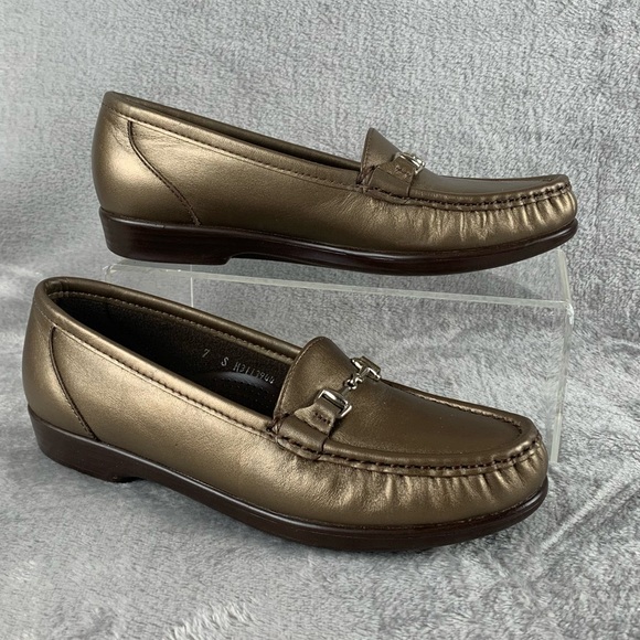 SAS Loafers Shoes Women 7 Medium Metallic Bronze Leather‎ Metro Horsebit Moc Toe - Picture 1 of 12